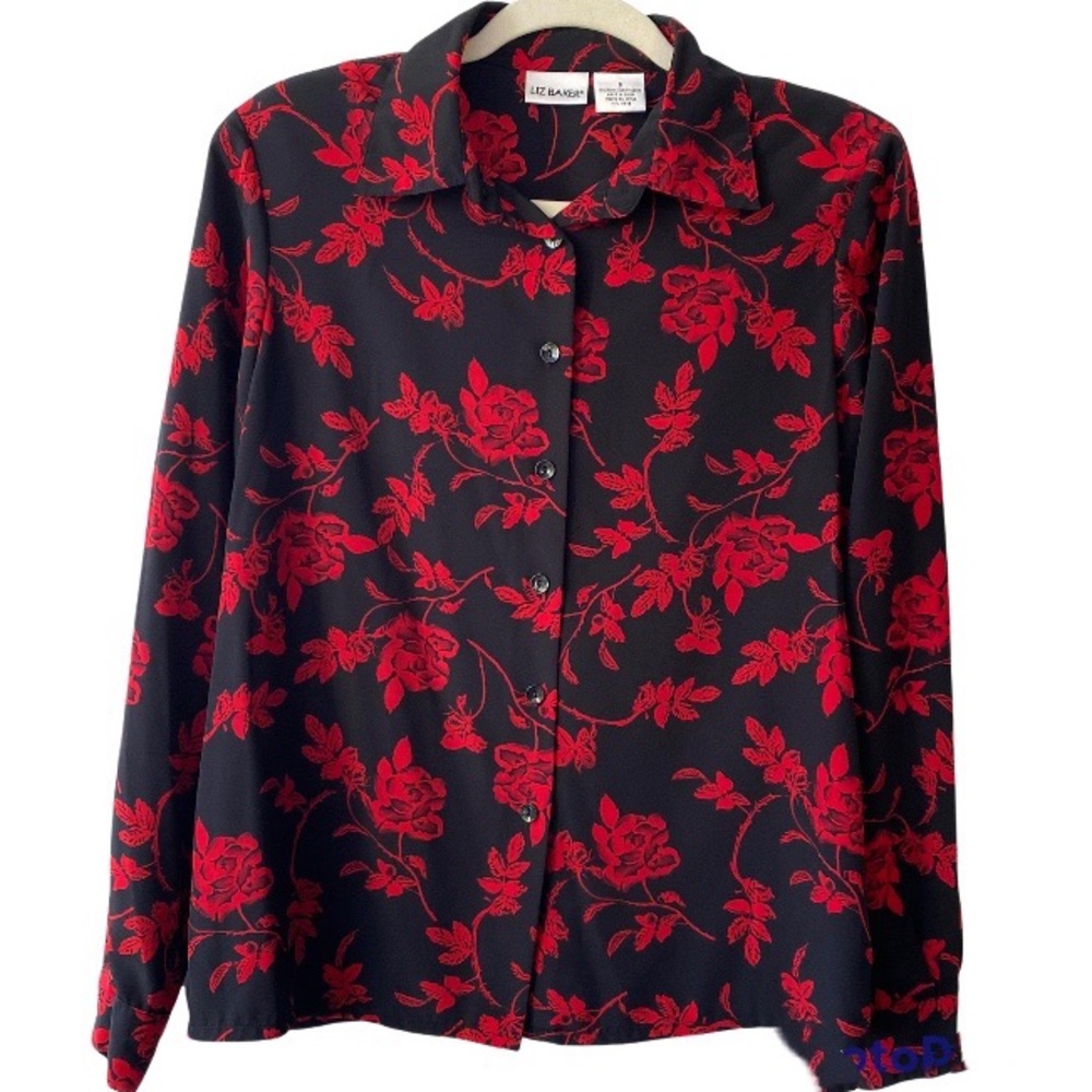 Vintage Liz Baker Women’s Floral Blouse Polyester Button Down Size 8